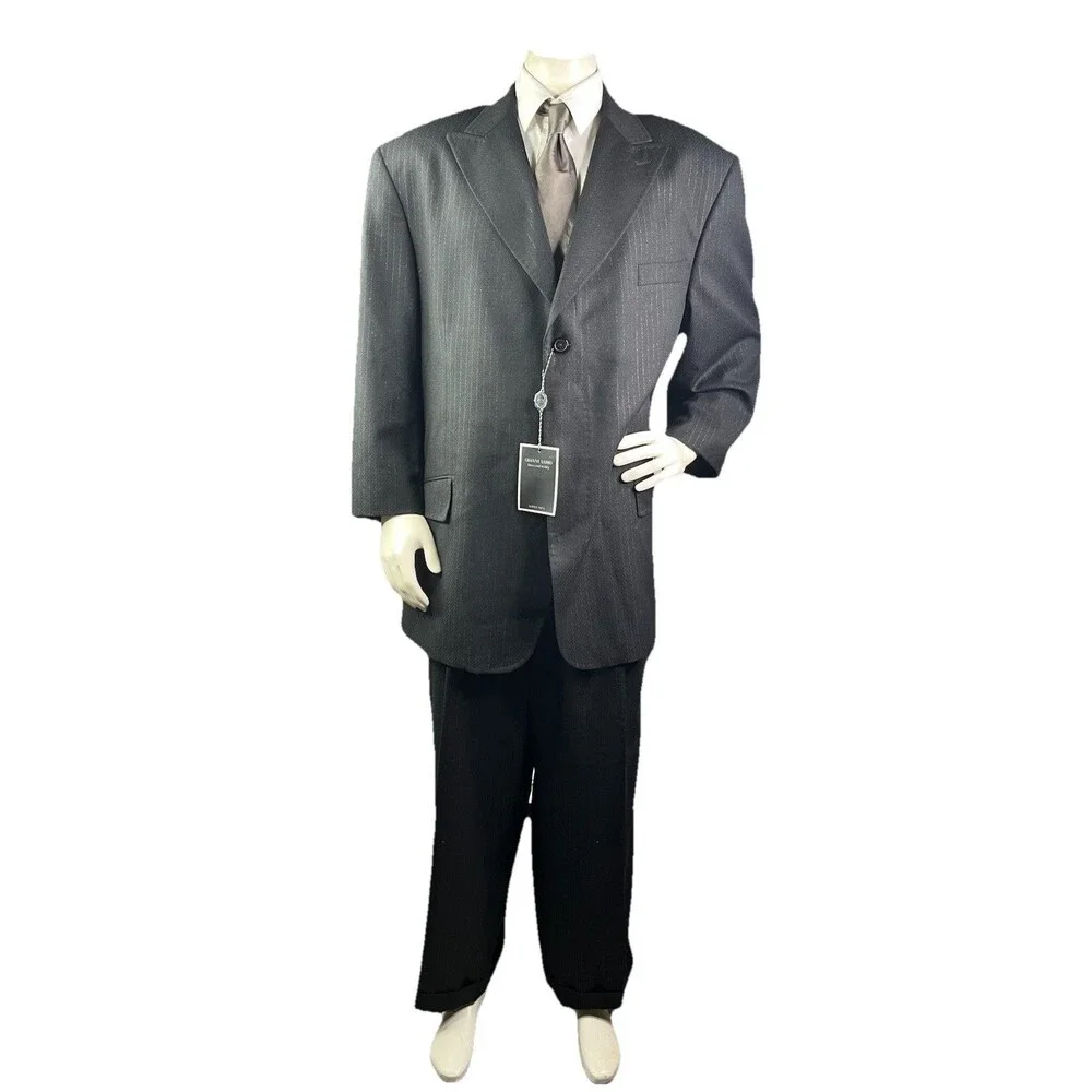 Gianni Uomo Suit Designed in Italy 50R 46x30 Super 120 Black Pinstriped Wide Leg